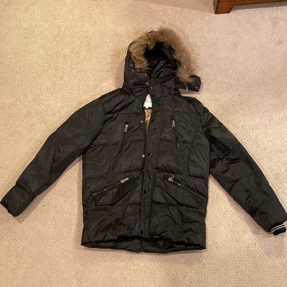 Moncler Hooded Insulated Coat, fur on hood, size Large